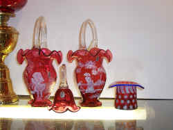 Fenton Cranberry Baskets with Mary Gregory Design, Fenton Cranberry Bell & Hat